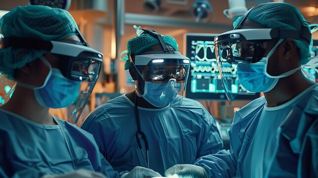 Multiethnic surgeons in AR headsets work in hightech operating room Medical professionals using AI virtual holographic display 3D graphics of health monitors and human organs Future of : Generative AI - Powered by Adobe