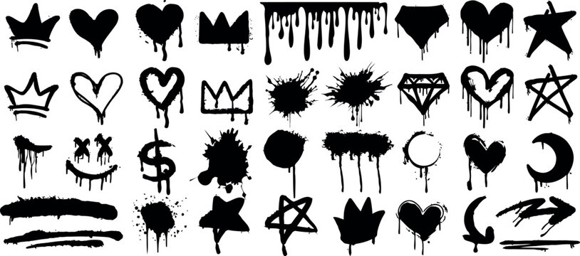 Graffiti art symbols, hearts, crowns, stars, paint splatters, dripping ink vector creative black ink designs, artistic street style, urban graphics, expressive, edgy, modern