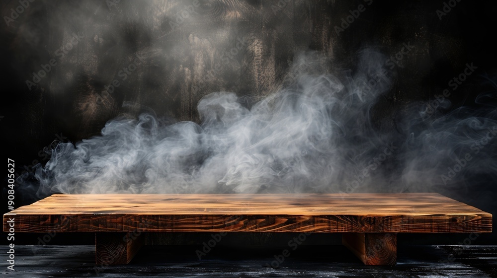 Aufkleber On a black background an empty wooden table with smoke floats up Empty space for displaying your products with a smoke float up on a dark background Space available for displaying your : Generative AI