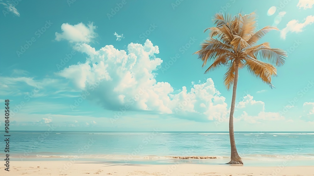 Aufkleber palm tree on tropical beach with blue sky and white clouds abstract background copy space of summer 