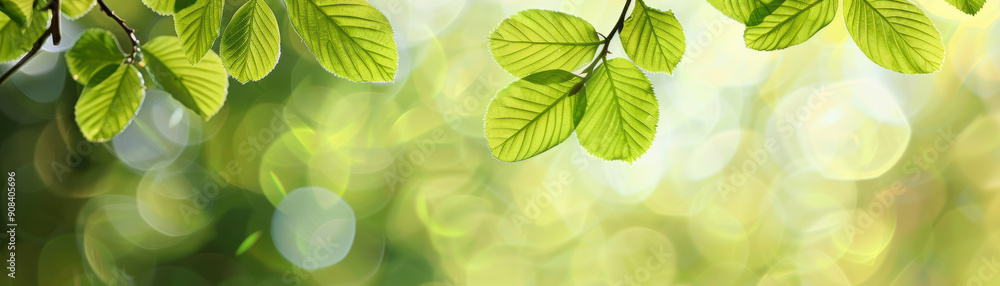Poster a serene nature scene with sunlight filtering through vibrant green leaves, creating a beautiful bok