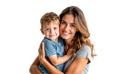 Portrait of a happy mother hugging and having fun with her son, family relationship, isolated on transparent background