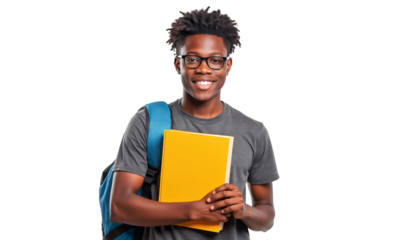 Smiling young African American college student with books and backpack, wearing glasses, isolated on transparent background