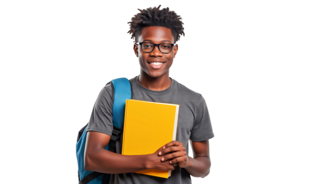 Smiling young African American college student with books and backpack, wearing glasses, isolated on transparent background
