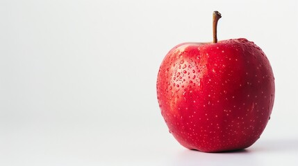 A single red apple with water drops sits on a white background.