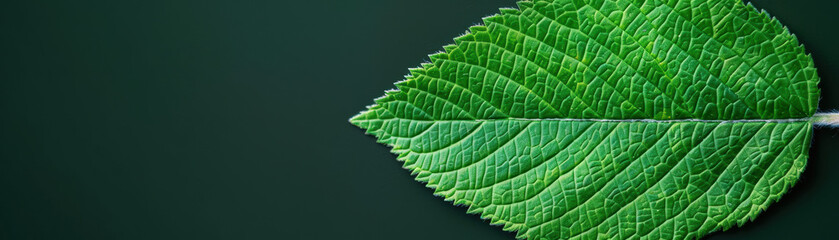 High-resolution close-up of a vibrant green leaf with intricate vein patterns on a dark background, showcasing natural texture and detail.