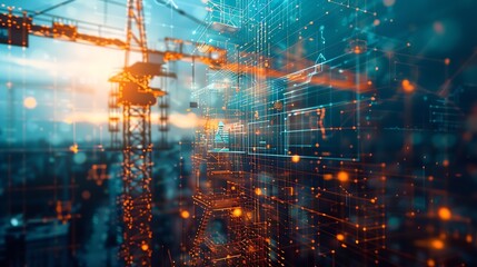 Image of financial data processing over crane and construction site global development business finance digital interface and data processing concept digitally generated image : Generative AI