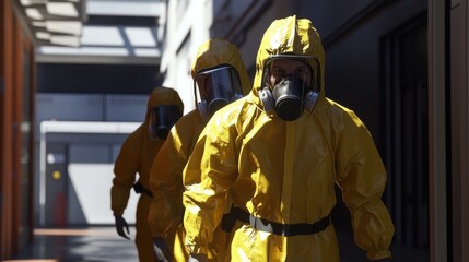 Naklejka premium Generate a photo realistic image of workers training on biohazard handling procedures, with biohazard suits, containment measures, and decontamination protocols visible