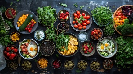 Food Photography - Top Down View of Bowls with Ingredients for a Healthy Salad, with Lemon Slices, Black Peppercorns, Fresh Tomatoes, and Other Vegetables - Flat Lay