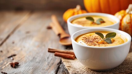 Two bowls of soup with a cinnamon stick in each bowl