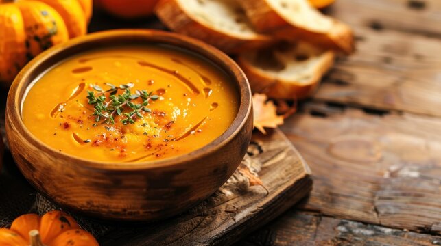 A bowl of soup sits on a wooden table next to bread. The soup is orange and has a garnish of parsley