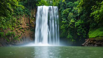 Obraz premium Majestic waterfall cascading into serene emerald pool surrounded by lush tropical rainforest, capturing the beauty of nature and serene wilderness.