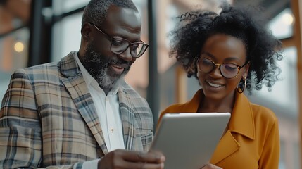 Mature businessman discussing work with black manager Confident business man working with african american woman showing data on digital tablet Smiling professional business people wor : Generative AI