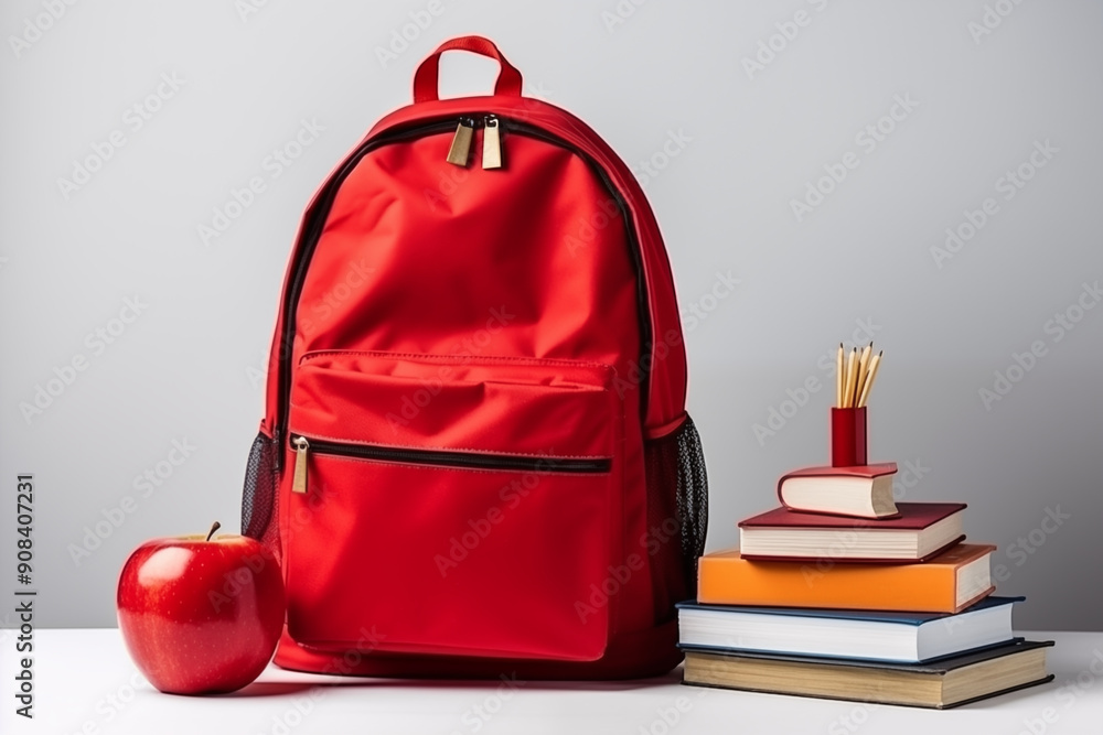 Wall mural a big red bag surrounded by books and stationery on an isolated background