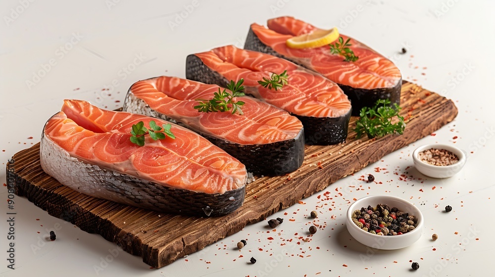 Poster wooden board with raw salmon steaks and different spices on white background : generative ai
