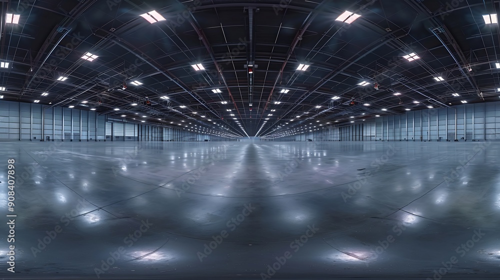 Poster full seamless spherical hdri panorama 360 degrees in interior of large empty room as warehouse hanga