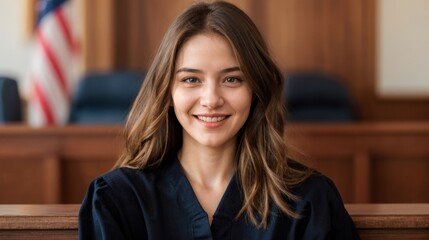 Portrait of a smiling female judge in a courtroom, symbolizing justice, law, and professionalism.