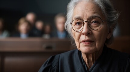 Senior female judge in a courtroom, with jury in the background, looking serious and determined.