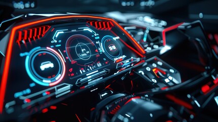Modern sports car dashboard with navigation display. Cockpit of futuristic autonomous car. Abstract virtual graphic touch user interface. Car Auto Service, Modern Design, Diagnostic Auto.