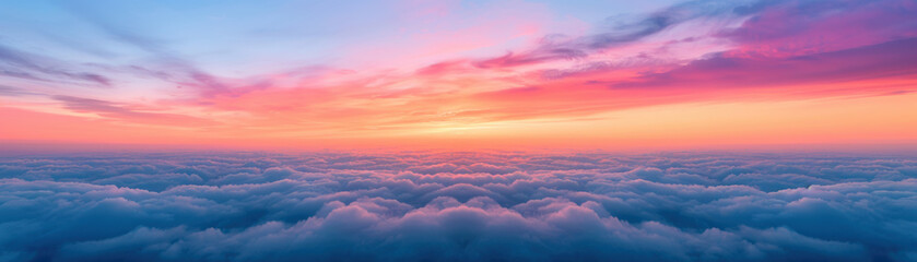 Fototapeta premium A stunning sunrise above the clouds, illuminating the sky with pink and orange hues. Perfect for backgrounds, nature themes, and peaceful designs.