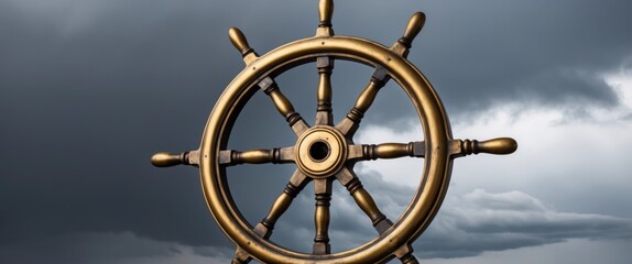 Antique brass ship's wheel set against a dramatic stormy sky, evoking adventure