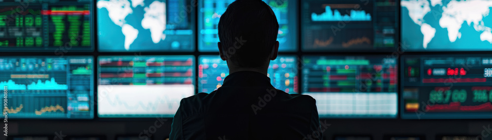 Poster a person analyzing financial data on multiple screens in a dimly lit room, focusing on global market
