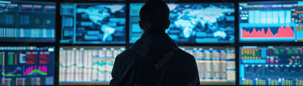 Poster person analyzing multiple data screens displaying global financial and stock market information, ill