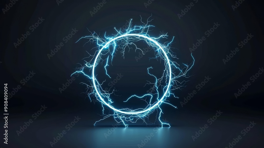 Wall mural Futuristic electric blue circle, surrounded by lightning bolts, dark background, high-energy