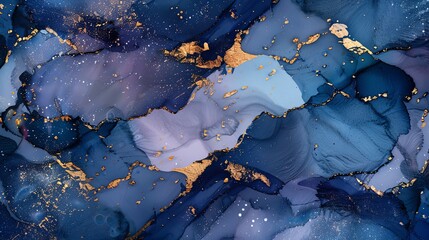 Fototapeta premium Abstract Indigo Alcohol Ink Painting with Golden Cracks, a Mesmerizing Display of Artistic Freedom and Vibrant Textures.