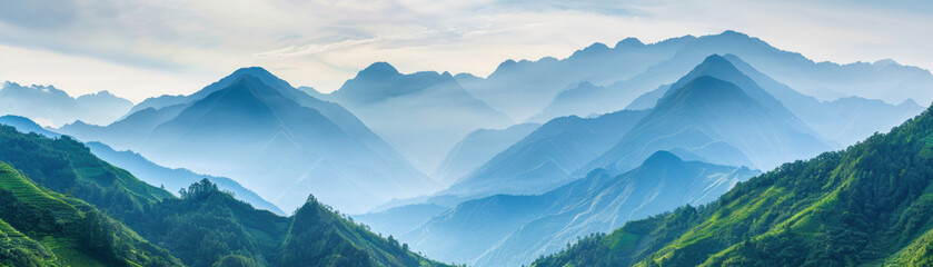 Fototapeta premium Panoramic view of lush green mountains layered with mist, featuring rolling hills and mesmerizing blue hues under a subtly cloudy sky.