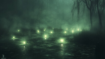 A dark forest with a lake full of glowing lights