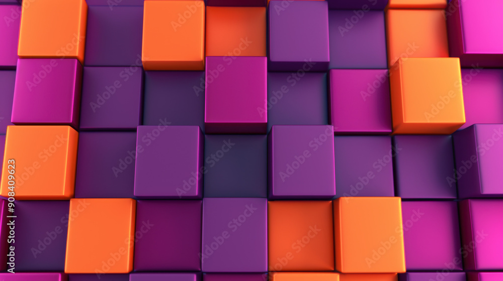 Poster vibrant abstract cubes in purple and orange hues creating a dynamic geometric background with depth 