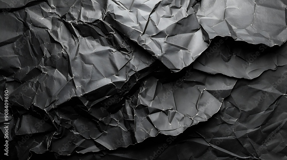 Poster Empty crumpled wet black paper blank texture copy space wall horizontal background : Generative AI