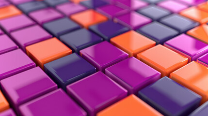 Vibrant abstract background of glossy purple and orange  cubes arranged in a geometric pattern, creating a dynamic and modern visual aesthetic.