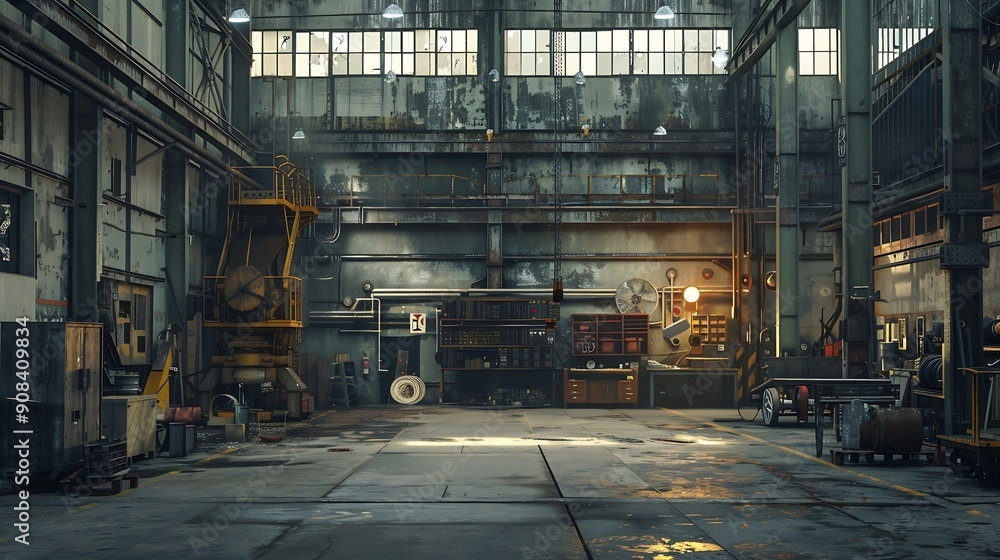 Poster large factory workshop space building : generative ai