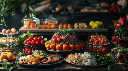 Obraz premium Gourmet Food Spread, Cherry Tomatoes, Prosciutto, and Cheese - Realistic Image