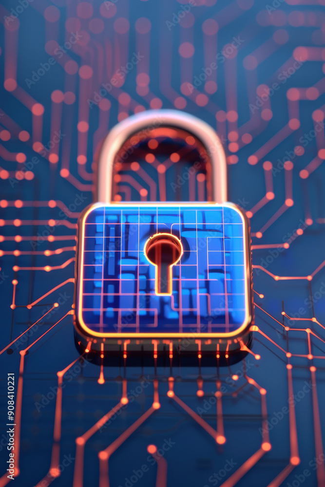 Poster digital padlock on circuit board background, symbolizing cybersecurity, data protection, and secure 