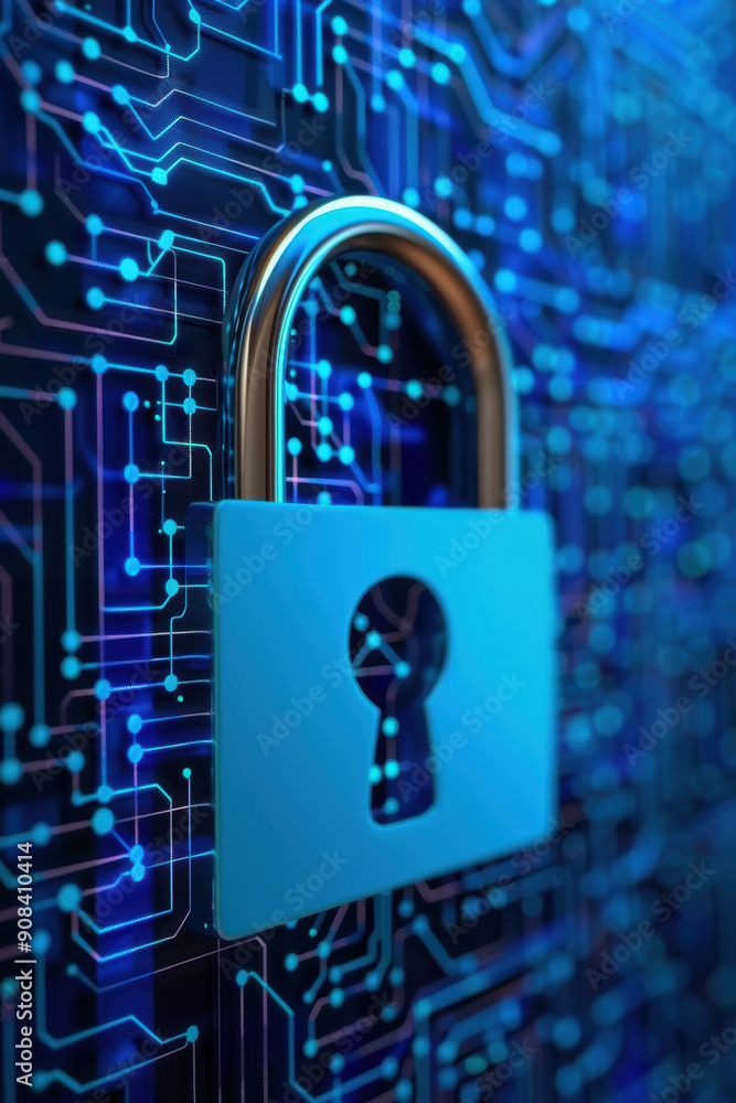 Poster close-up of a digital padlock on a blue circuit board background symbolizing cybersecurity and data 