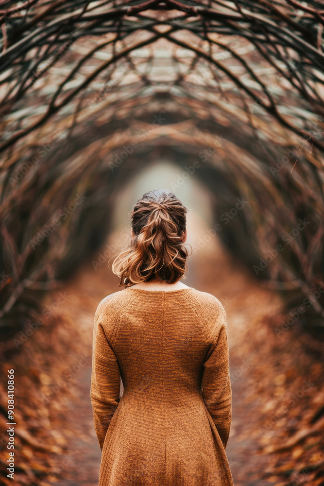 Poster woman stands on a pathway covered in autumn leaves, surrounded by an archway of intertwined branches