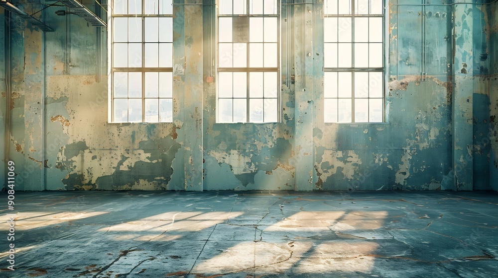 Poster empty warehouse room with grungy stucco concrete wall floor room as background corner of old grunge 