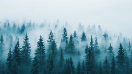 Fototapeta premium Misty coniferous forest with tall trees shrouded in a dense blanket of fog, creating a tranquil and mysterious landscape in shades of blue and green.