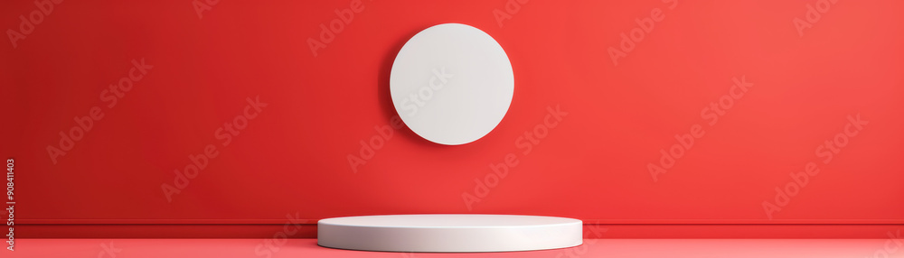 Poster minimalistic empty red room with round white pedestal and floating circular object, perfect for prod