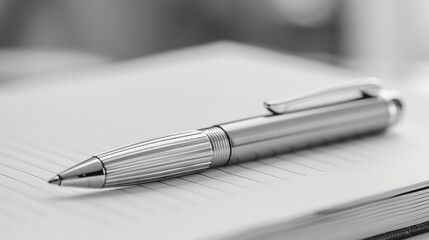 Close up of a silver pen lying on a blank notebook.
