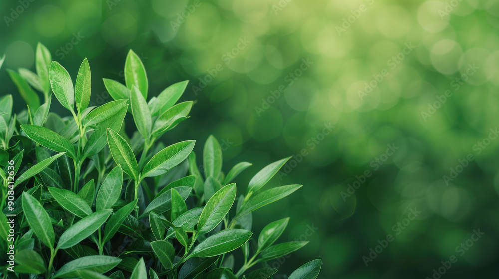 Poster fresh green leaves with a blurred nature background, bokeh effect creating a tranquil, serene settin