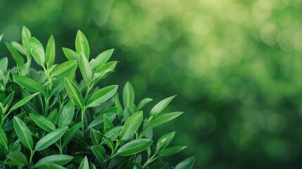 Fresh green leaves with a blurred nature background, bokeh effect creating a tranquil, serene setting, ideal for spring or summer themes.