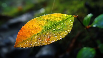 A close-up of a green and orange leaf covered in water droplets.