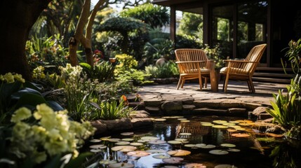 Obraz premium Serene garden with wooden chairs by a pond.