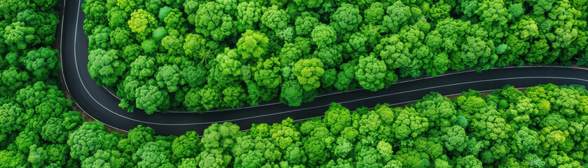 Aerial view of a winding road cutting through a lush green forest. The vibrant foliage creates a stunning natural landscape. Serene and picturesque scenery.