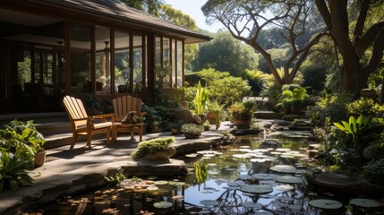 Obraz premium Serene garden with wooden chairs by a pond.
