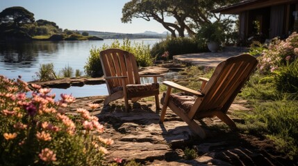 Serene garden with wooden chairs by a pond.